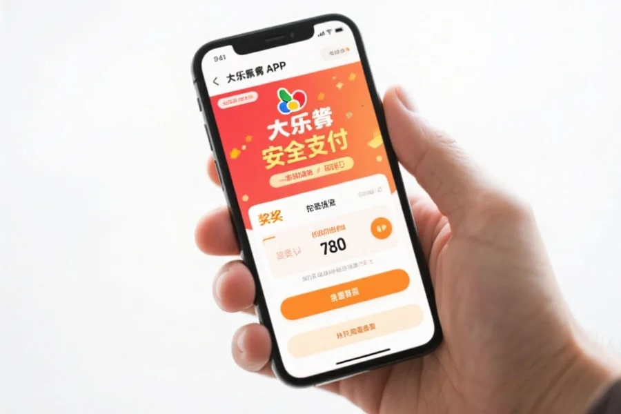 一只手持智能手机，屏幕上显示大乐透APP的安全支付和兑奖界面，背景干净明亮