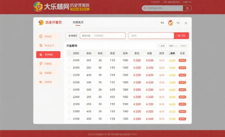 屏幕截图风格的插图，展示大乐透官网历史开奖页面，列有开奖期号、中奖号码、奖金金额等清晰数据表