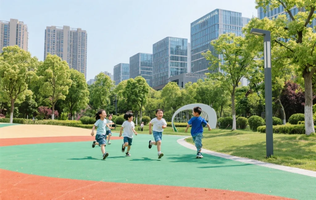 中国城市公园里，几个孩子在新建的塑胶运动场上奔跑嬉戏，周围是绿树和现代建筑